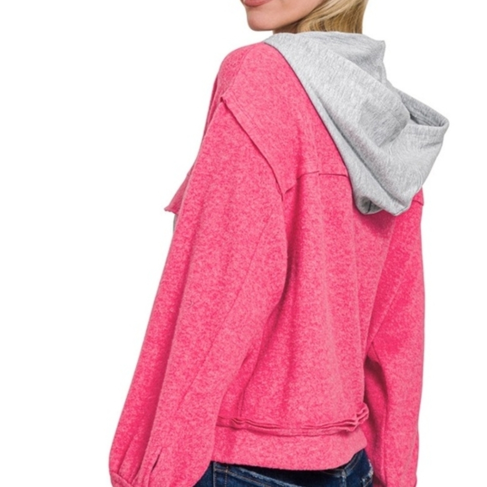Zenana Brushed Hacci Hooded Button Down Shacket - Picture 2 of 7